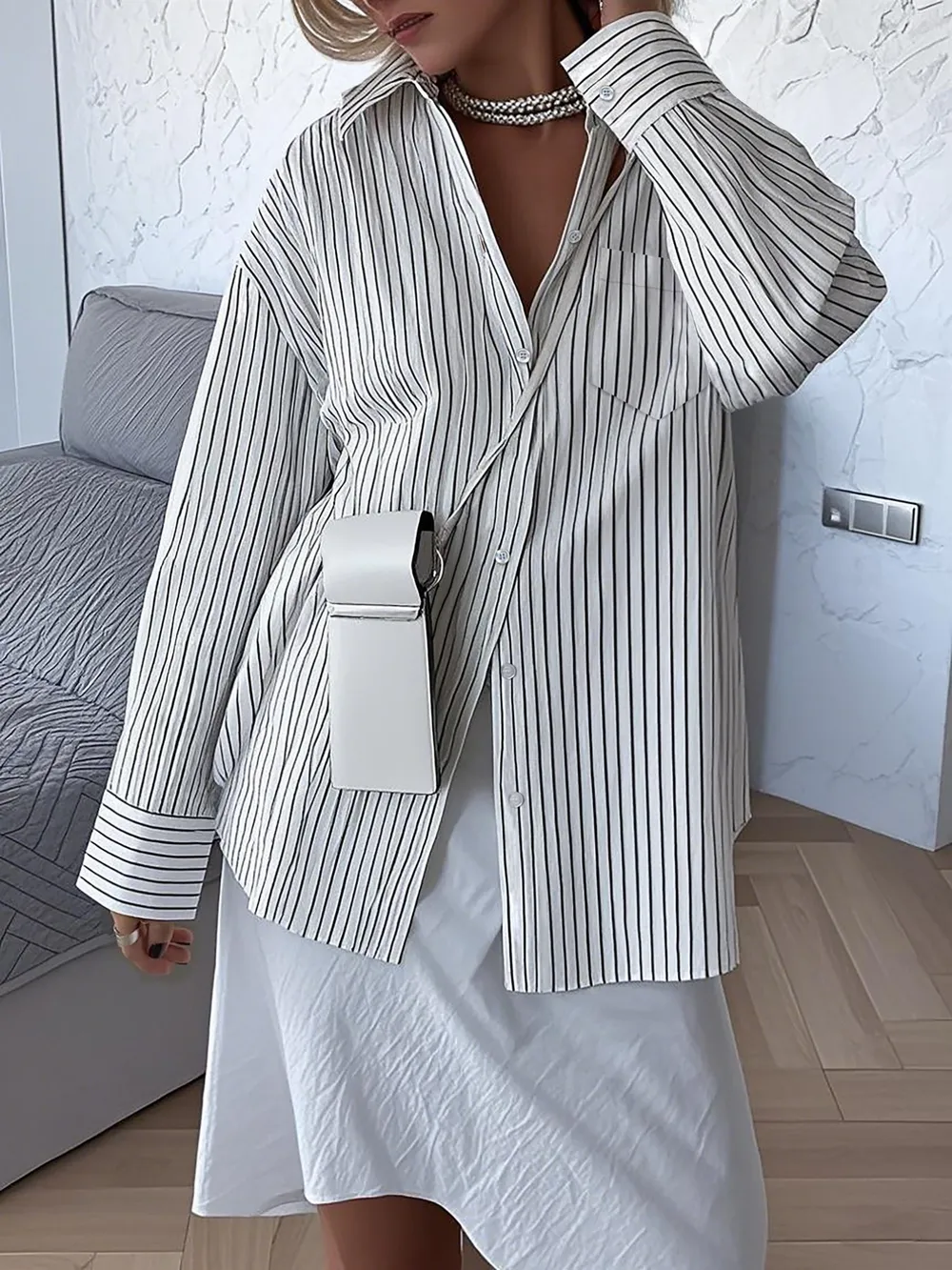 Oversized Striped Button-Down Shirt, image 3