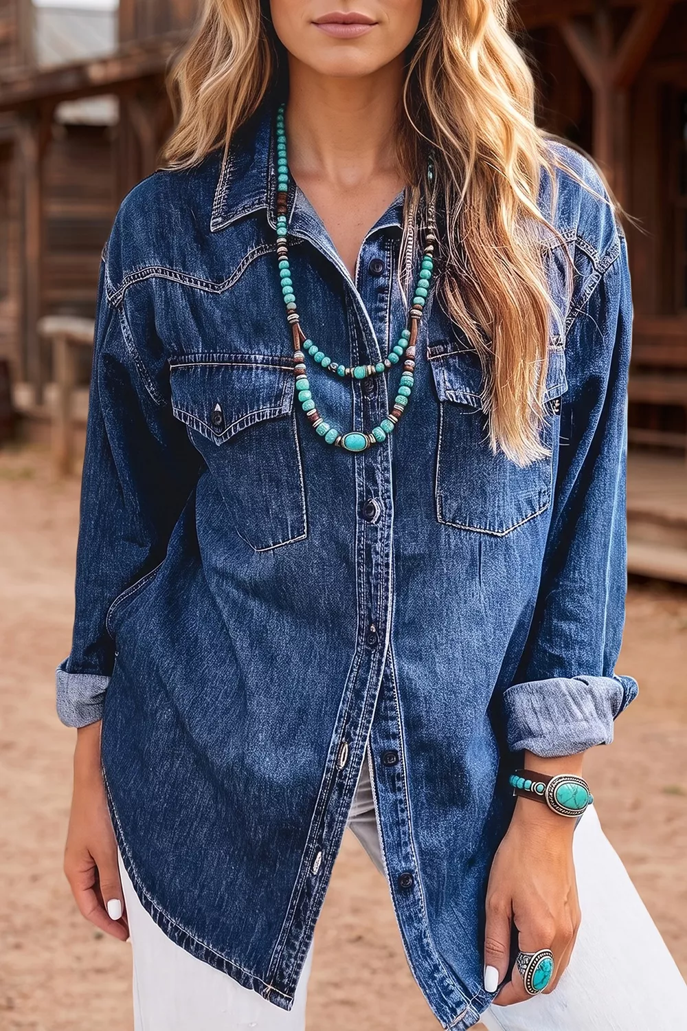 Western Patch Pockets Tunic Length Long Sleeve Denim Shirt