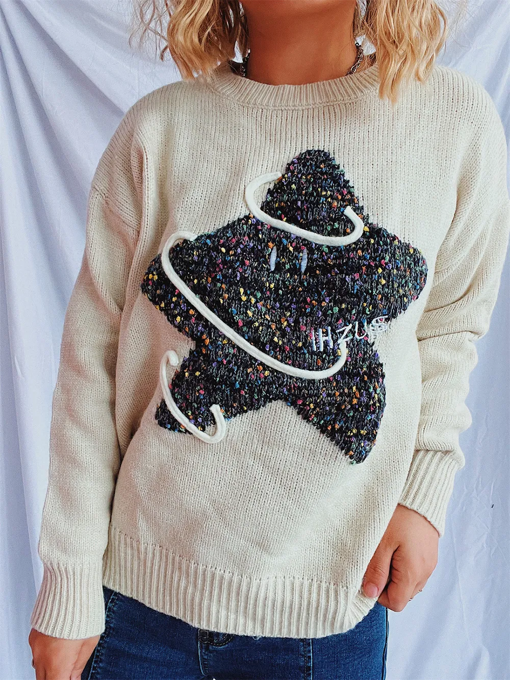 Contrast Star Round Neck Long Sleeve Sweater, image 12