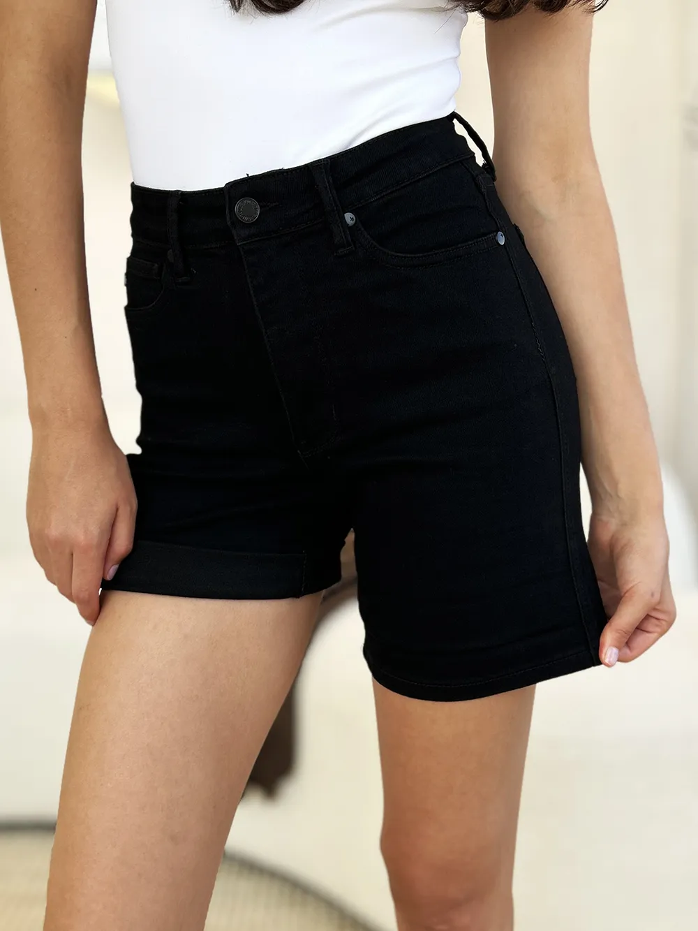 Full Size High Waist Tummy Control Cuffed Denim Shorts, image 2