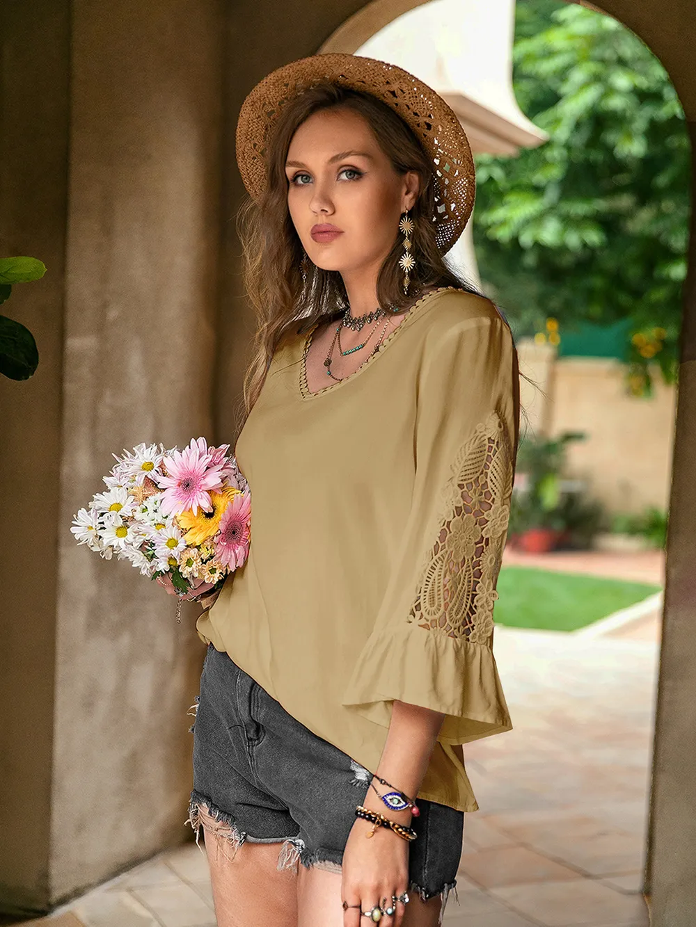 Plus Size Lace Detail V-Neck Flounce Sleeve Blouse, image 2