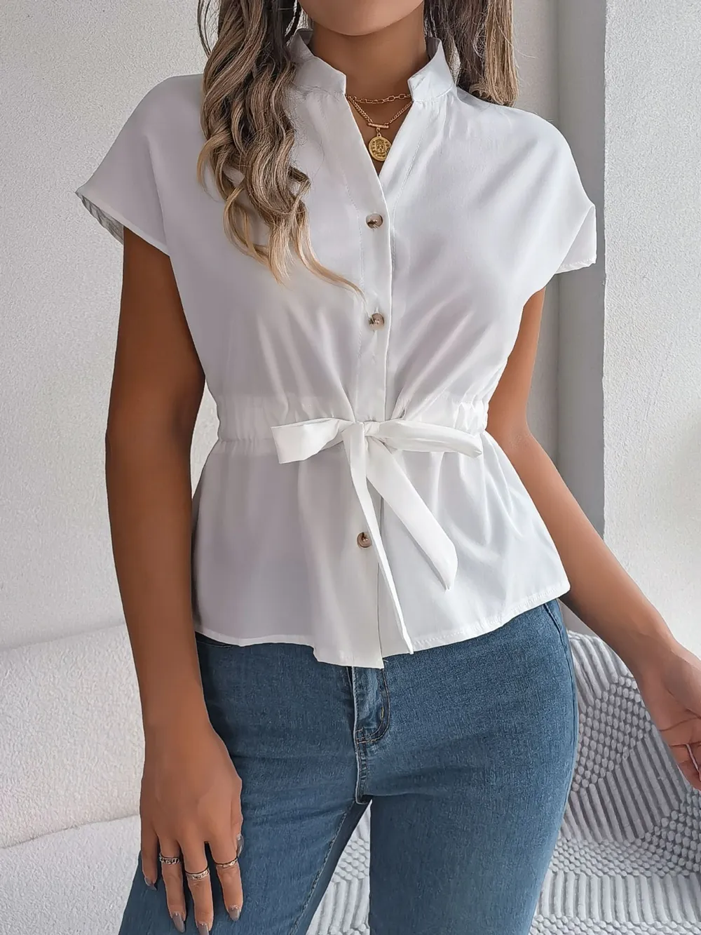 Notched Short Sleeve Blouse, image 3