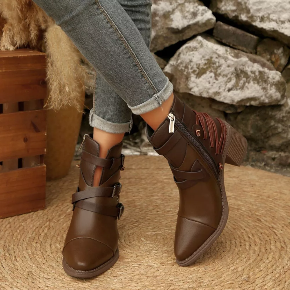 Point Toe Buckle Strap Ankle Boots with Block Heels, image 8