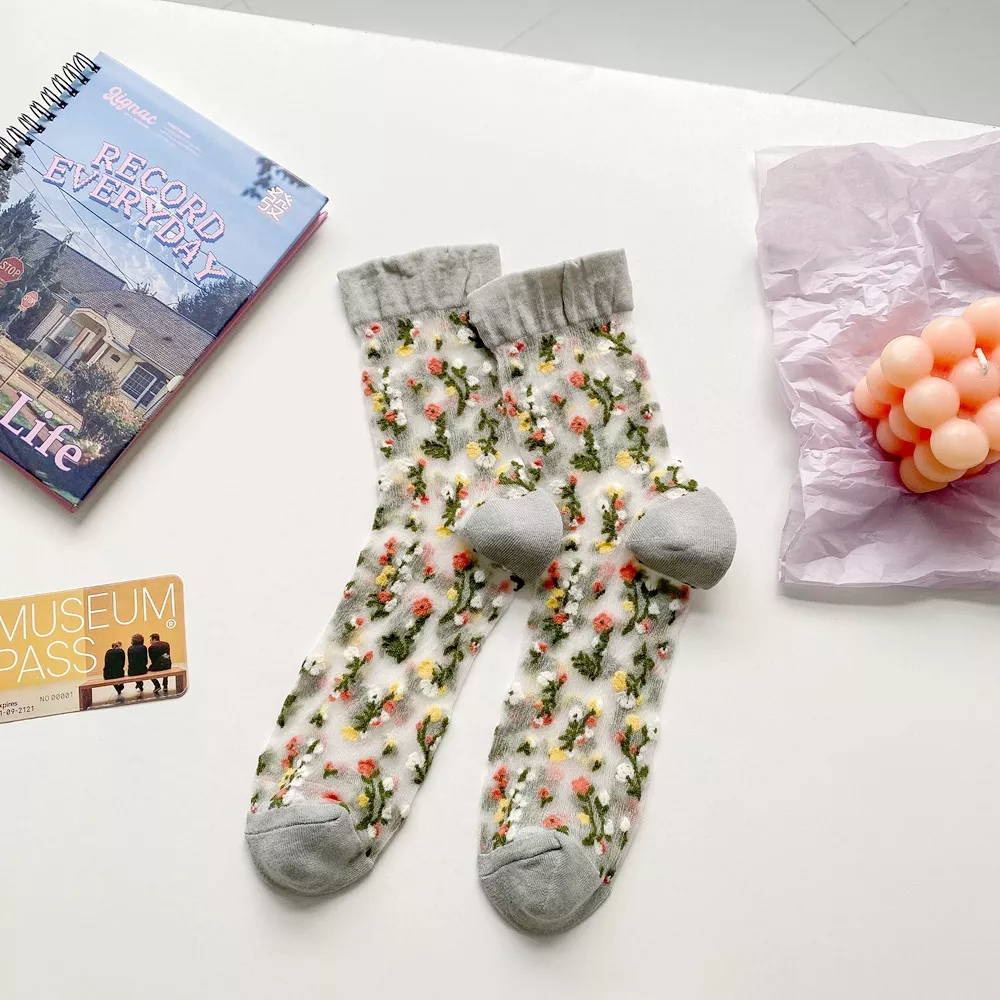 Floral Sheer Crew Socks 5 Pair Set, image 9