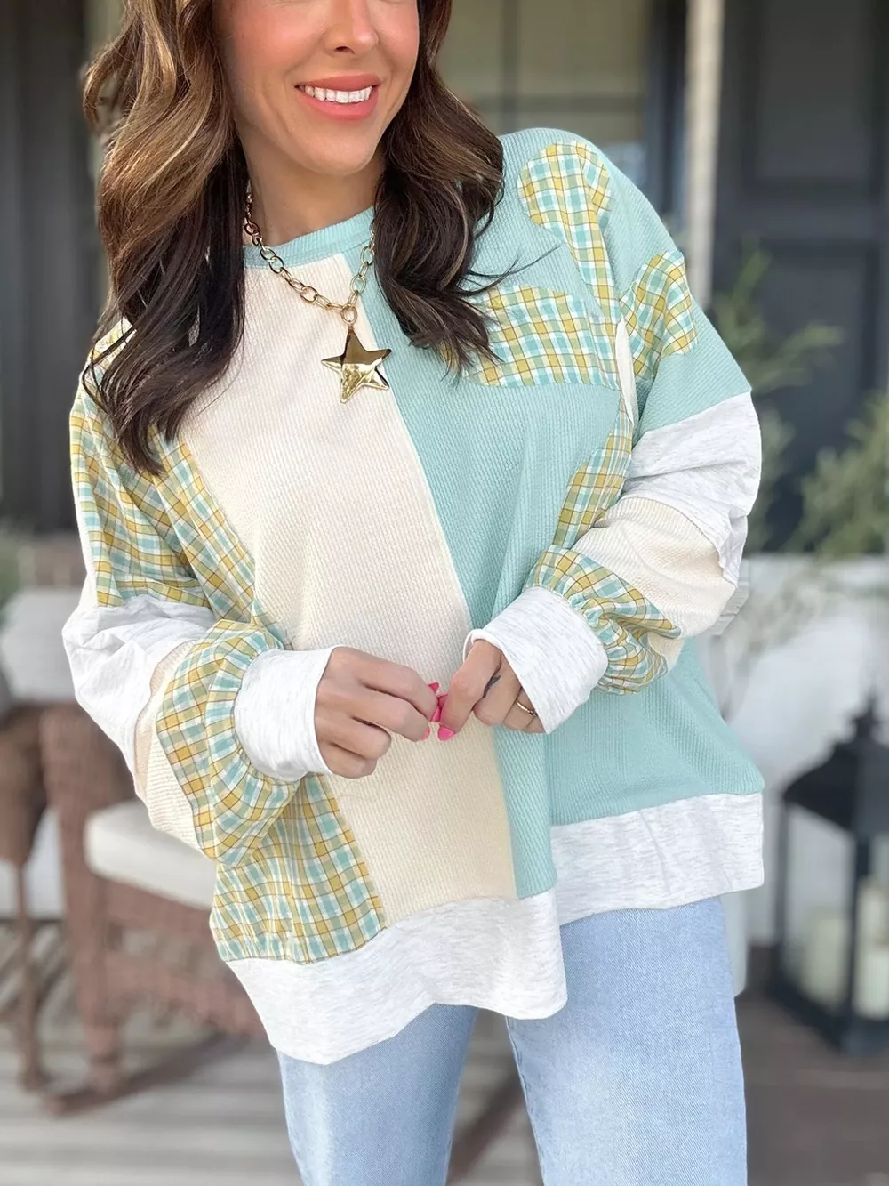 Plaid Patchwork Round Neck Long Sleeve Top, image 4
