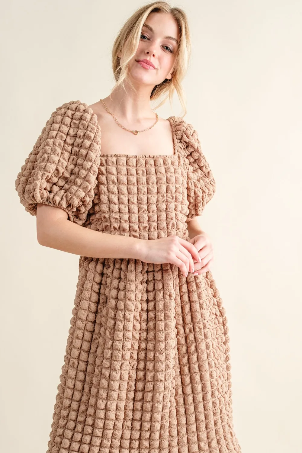 Full Size Square Neck Puff Sleeve Dress, image 3