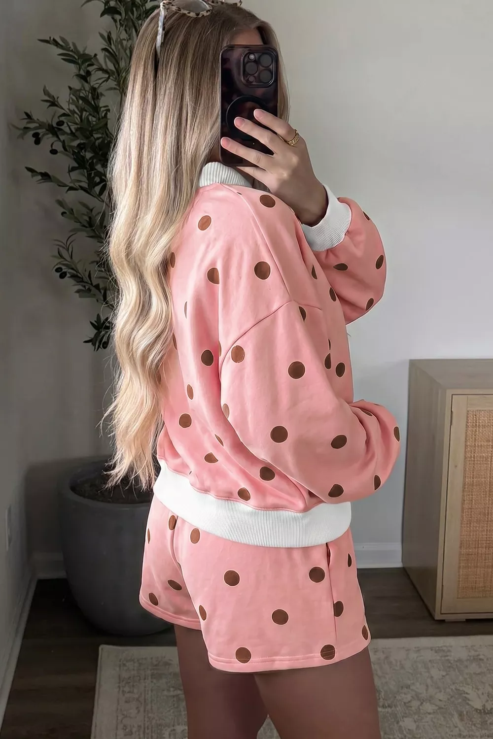 Polka Dot Long Sleeve Sweatshirt and Shorts Lounge Set, image 2