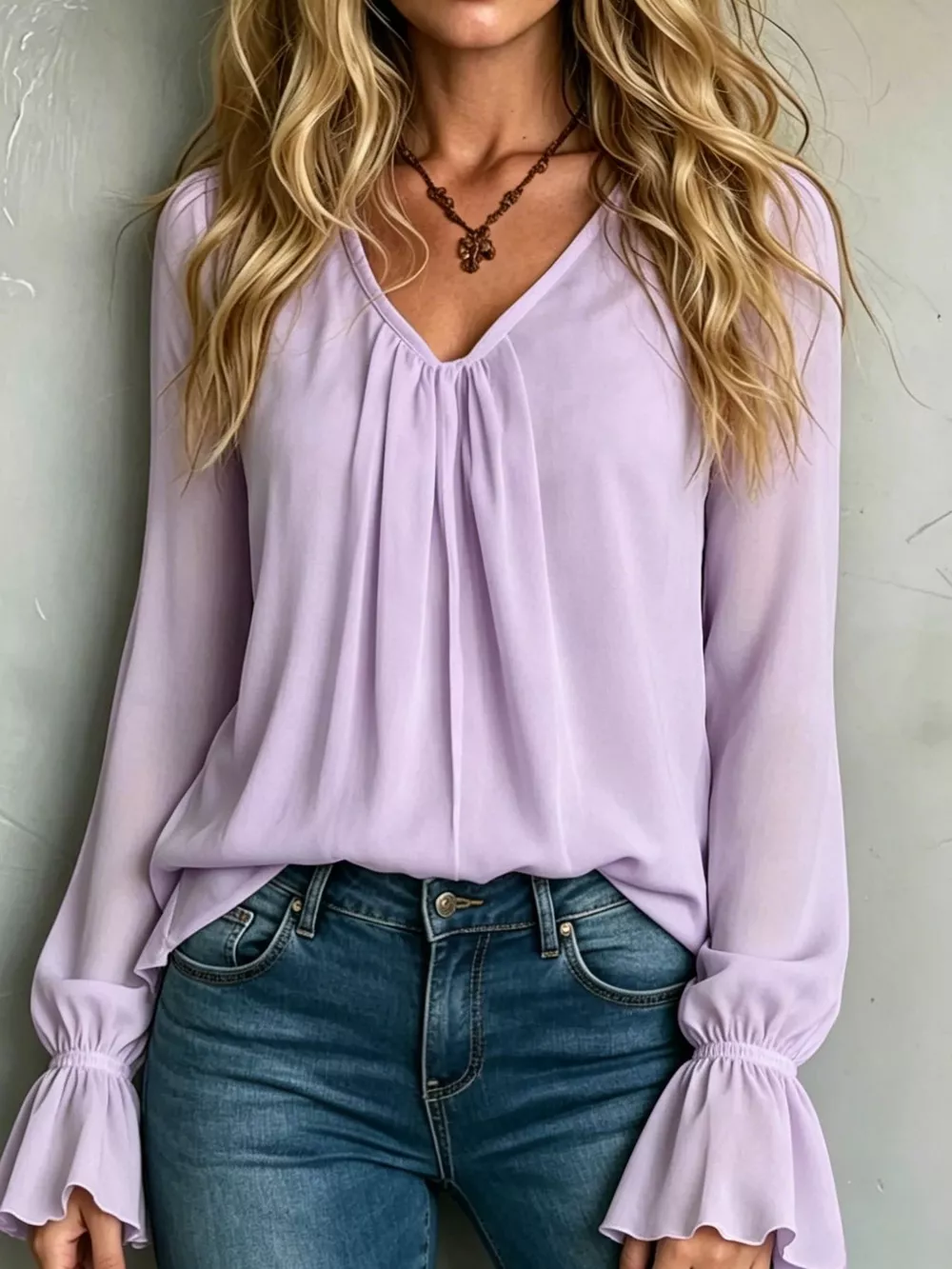 V-Neck Flounce Sleeve Blouse, image 7