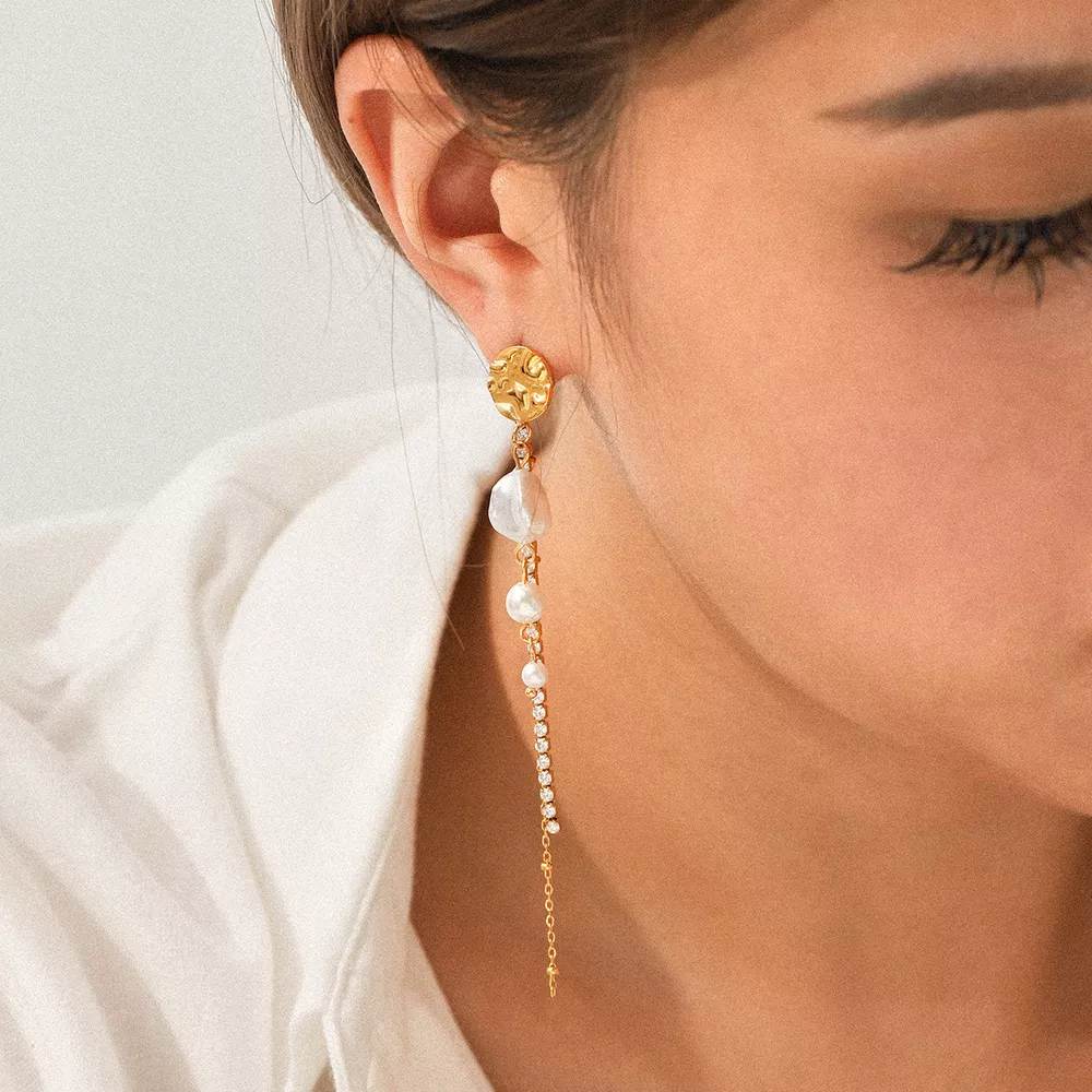 18K Gold-Plated Zircon Pearl Chain Earrings, image 6