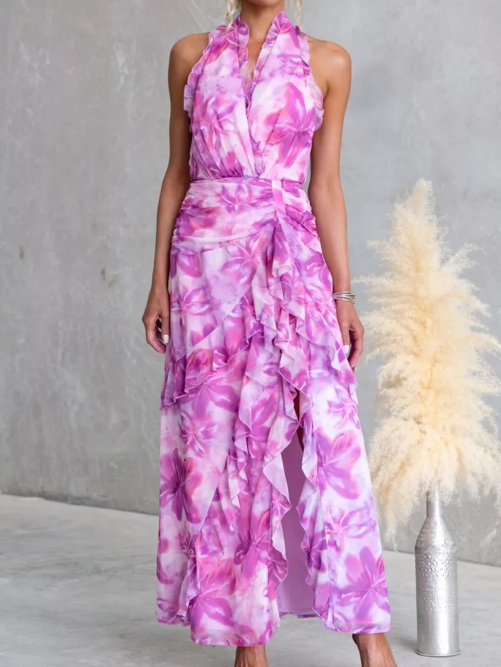 Floral Print Ruffle Halter Neck Maxi Dress, image 3