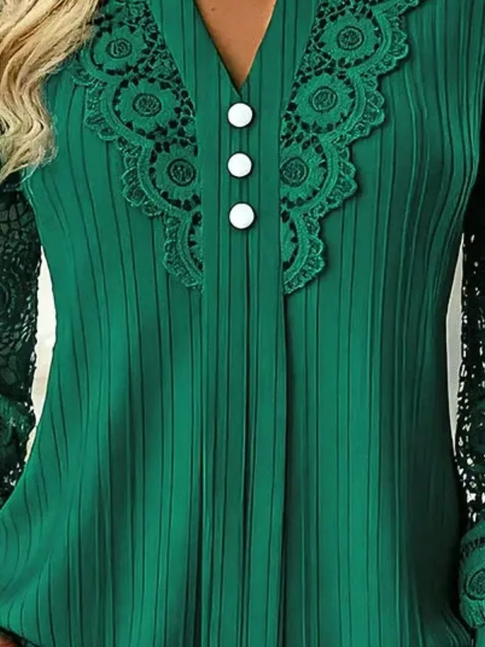 Lace Long Sleeve Notched Blouse, image 10