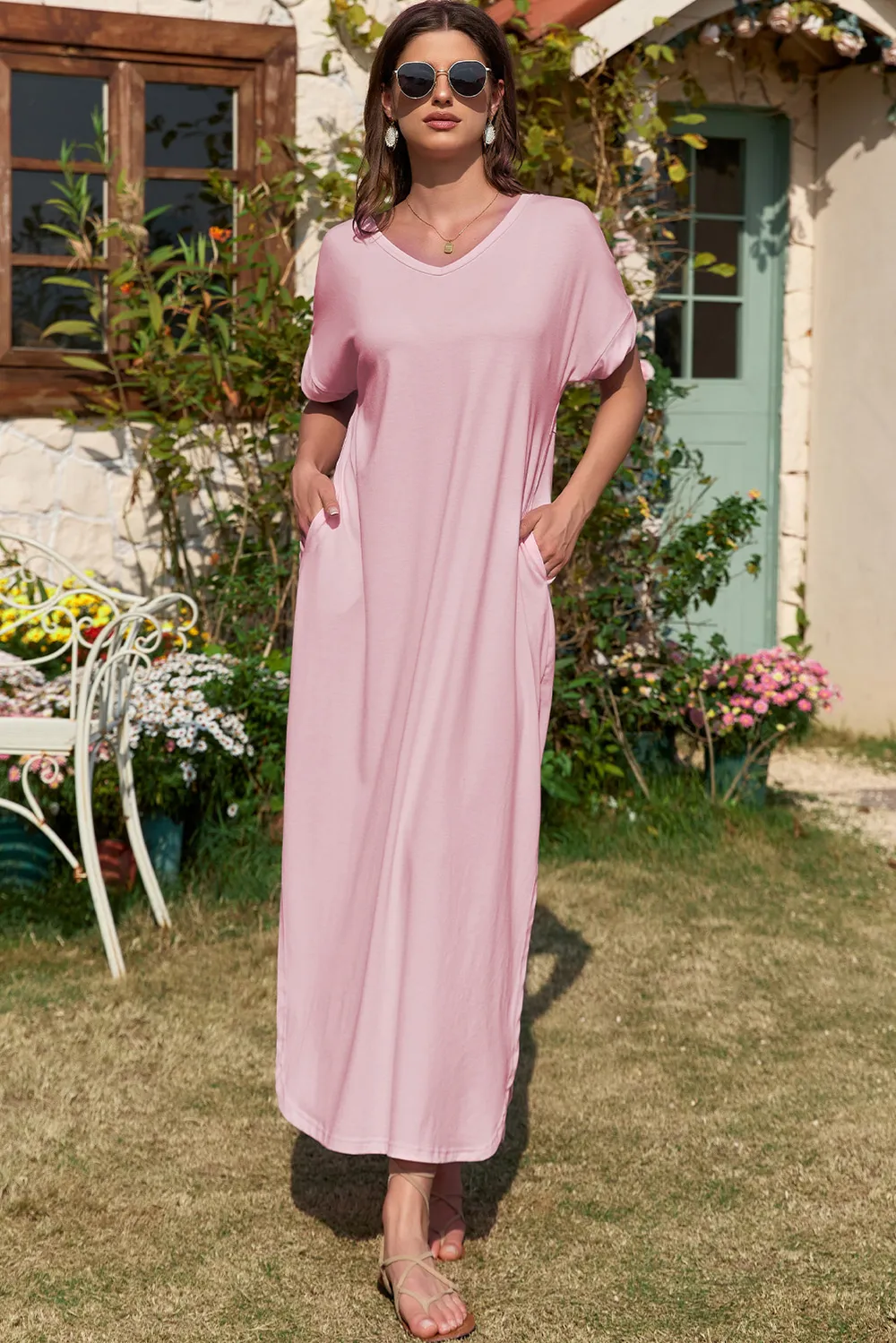 Slit Pocketed V-Neck Short Sleeve Dress, image 5