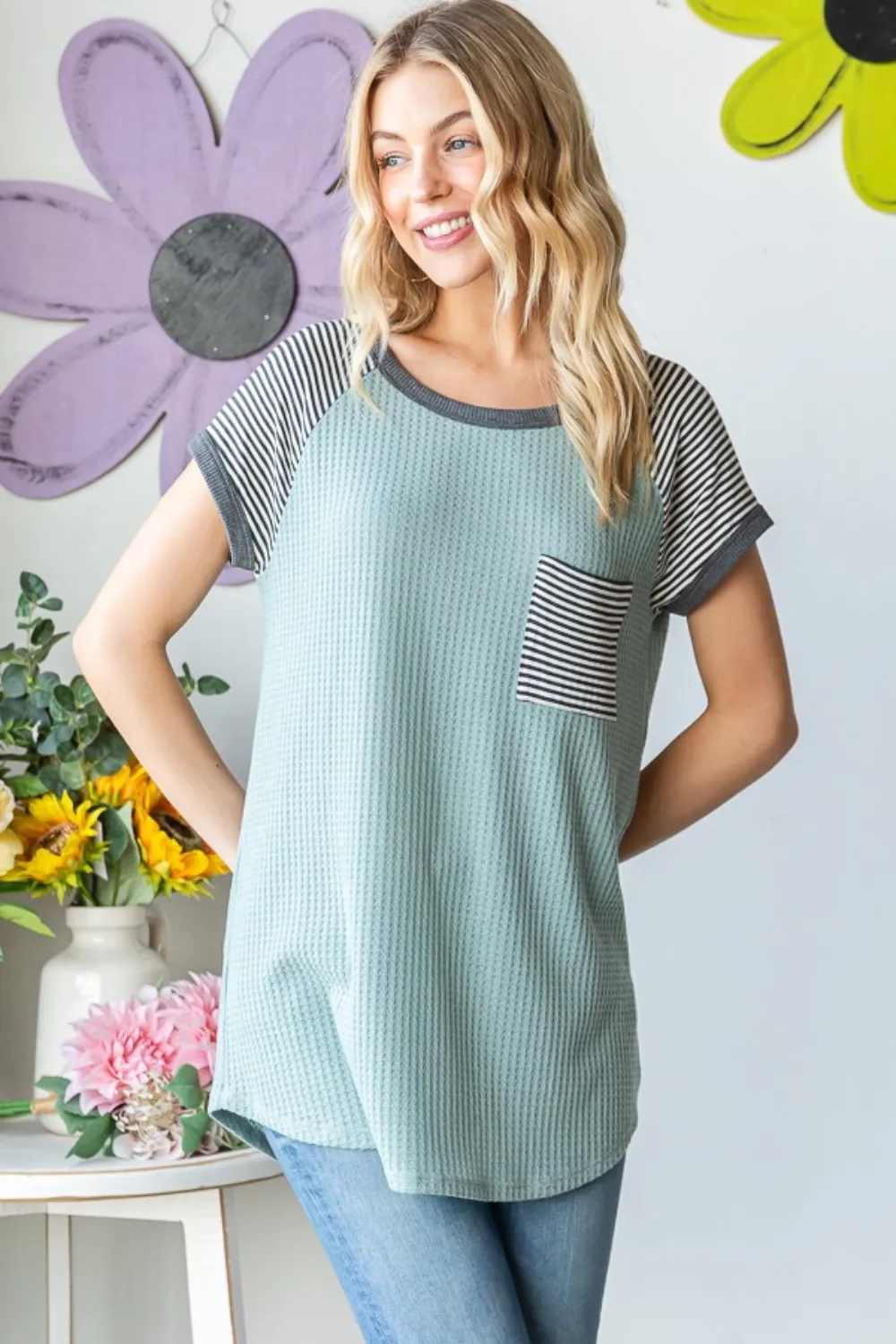 Full Size Striped Short Sleeve Waffle T-Shirt, image 4