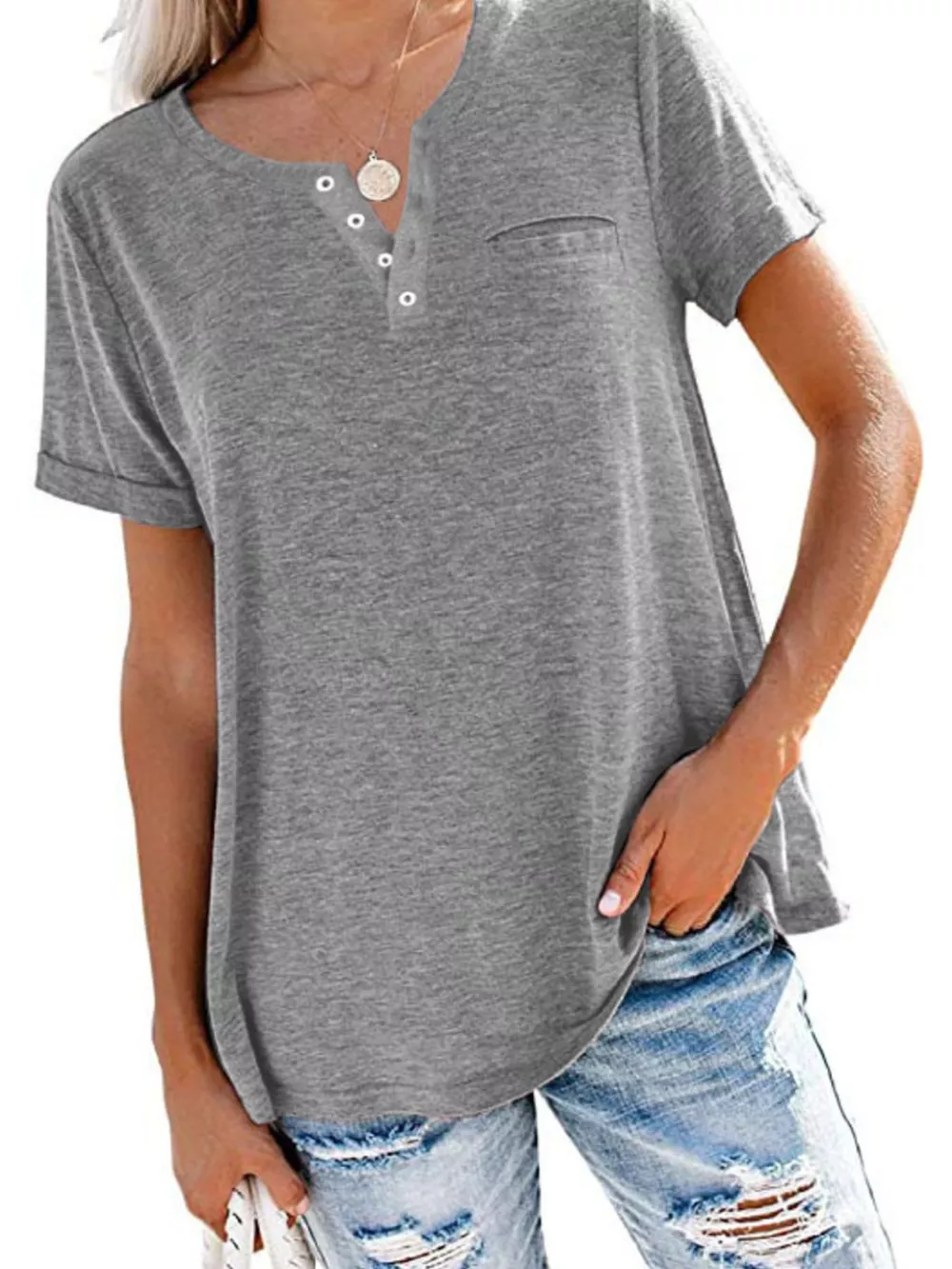 Full Size Casual Button-Front Pocket T-Shirt Plus Size, image 2