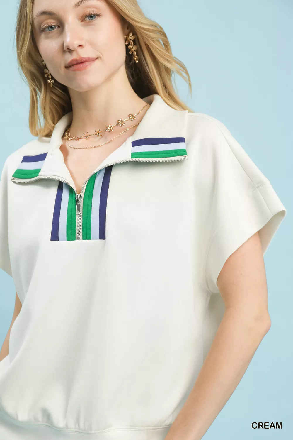 Striped Collared Neck Half-Zip Top, image 2
