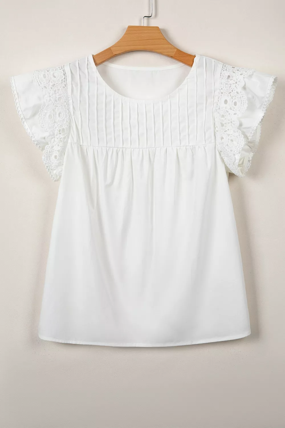 Lace Detail Flutter Sleeve Pleated Round Neck Blouse, image 9