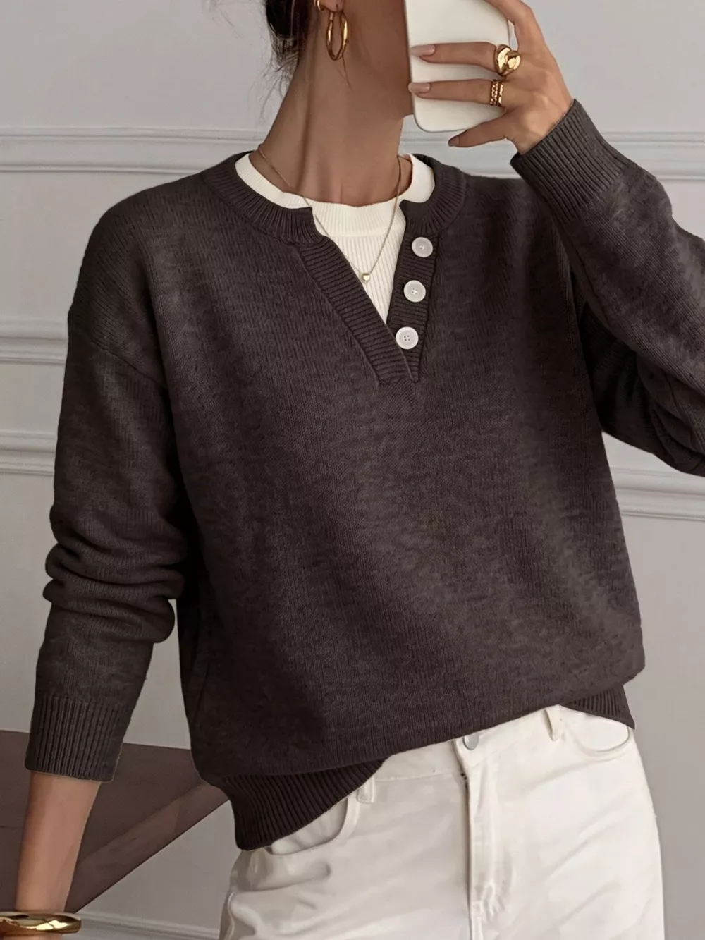 Decor Button-Placket Ribbed Knit Sweater, image 5