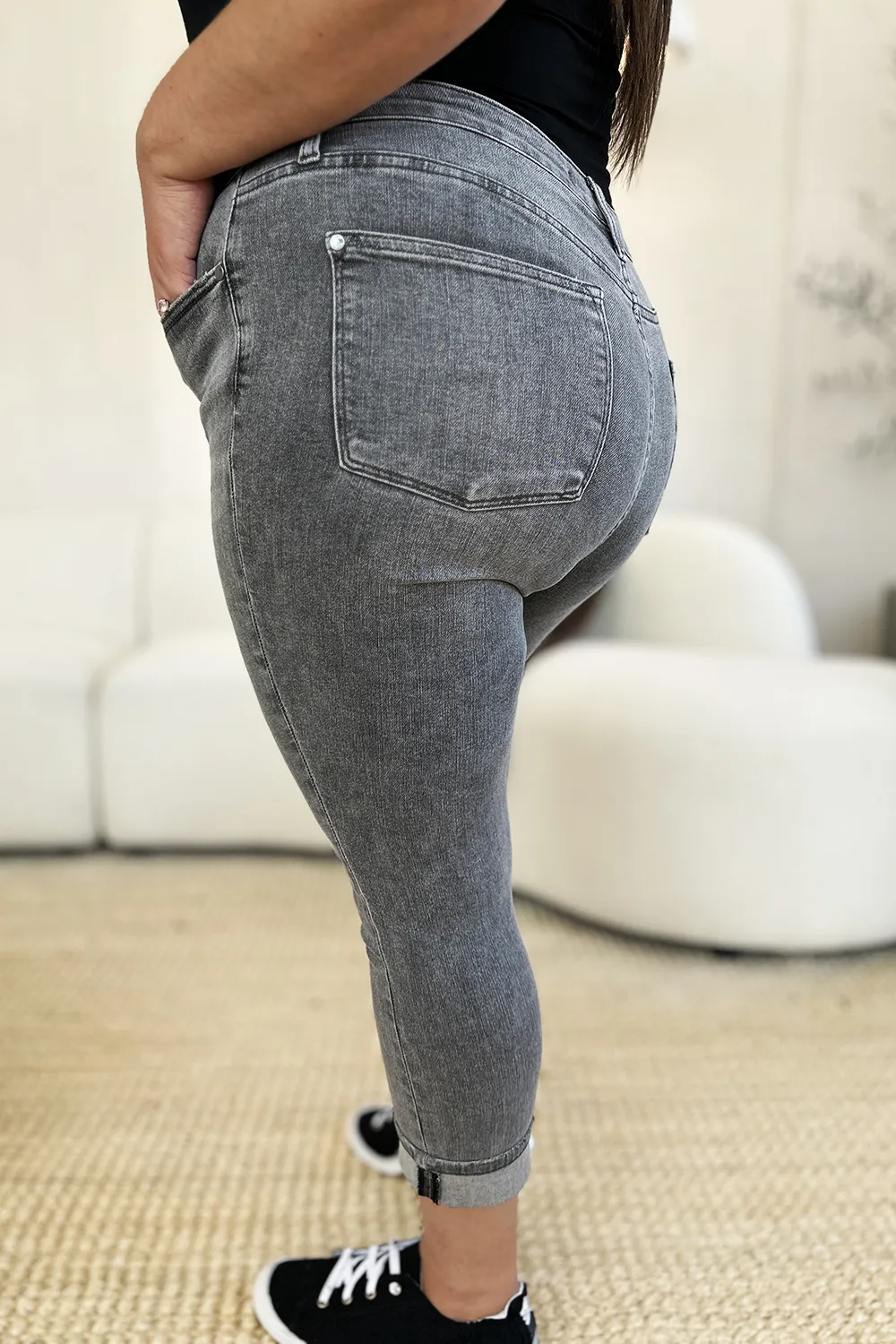 Full Size Button Fly High Waist Cuffed Capris, image 4