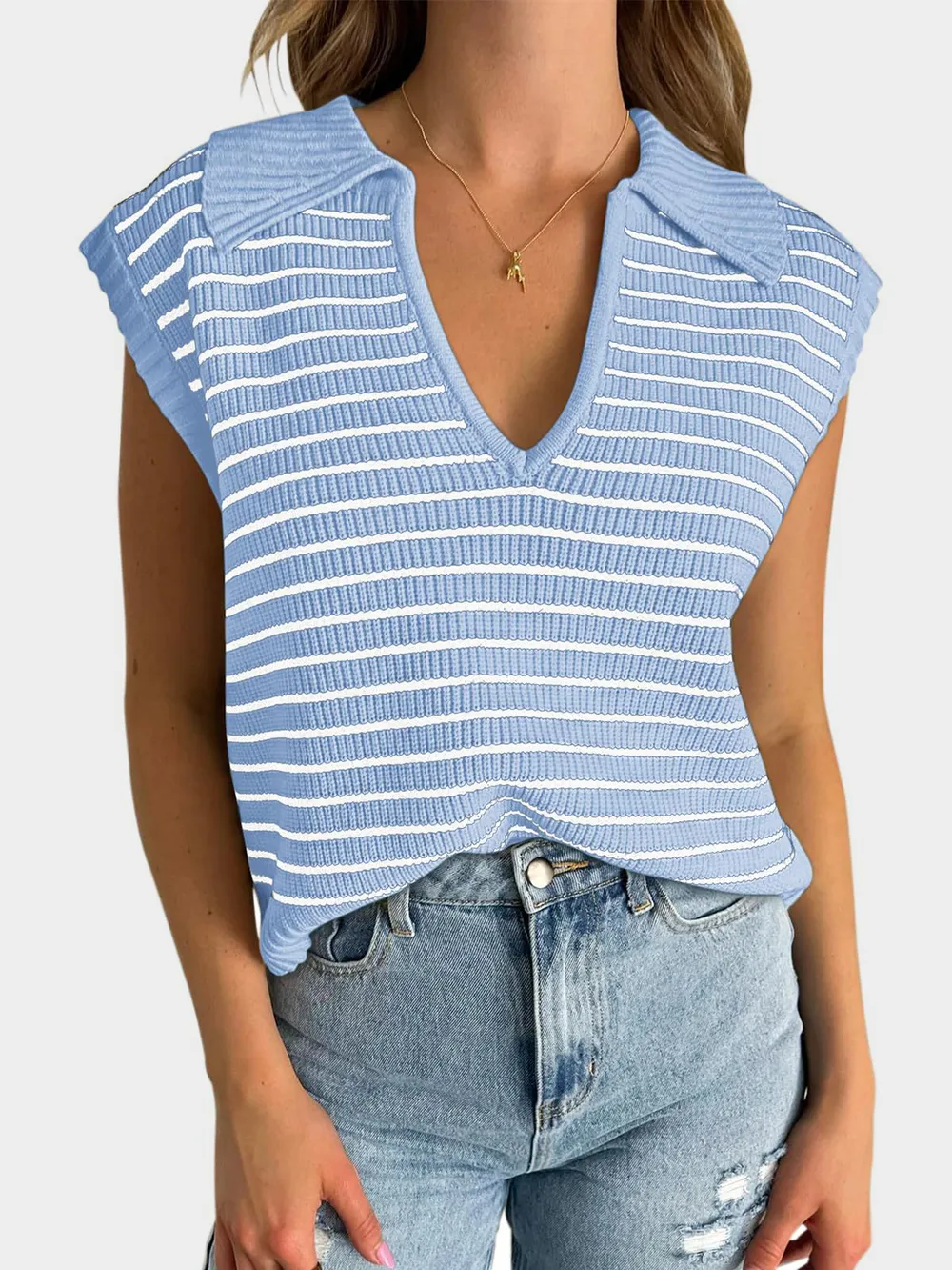 Collared Neck Striped Sweater Vest, image 2