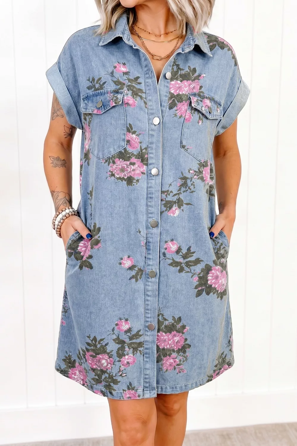Floral Print Denim Shirt Dress, image 3