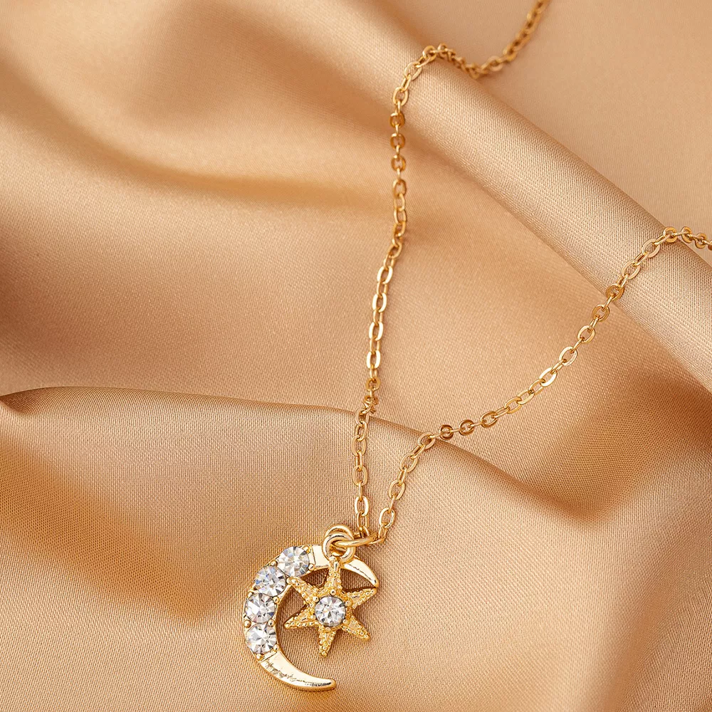 18K Gold-Plated Rhinestone Star & Moon Necklace, image 2