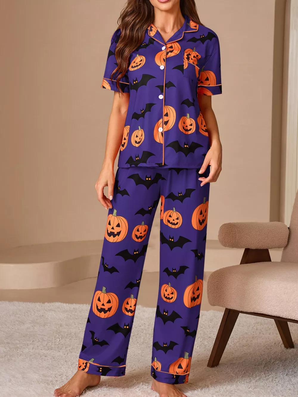 Halloween Pumpkin and Bat Print Button-Down Top and Pants Lounge Set, image 13