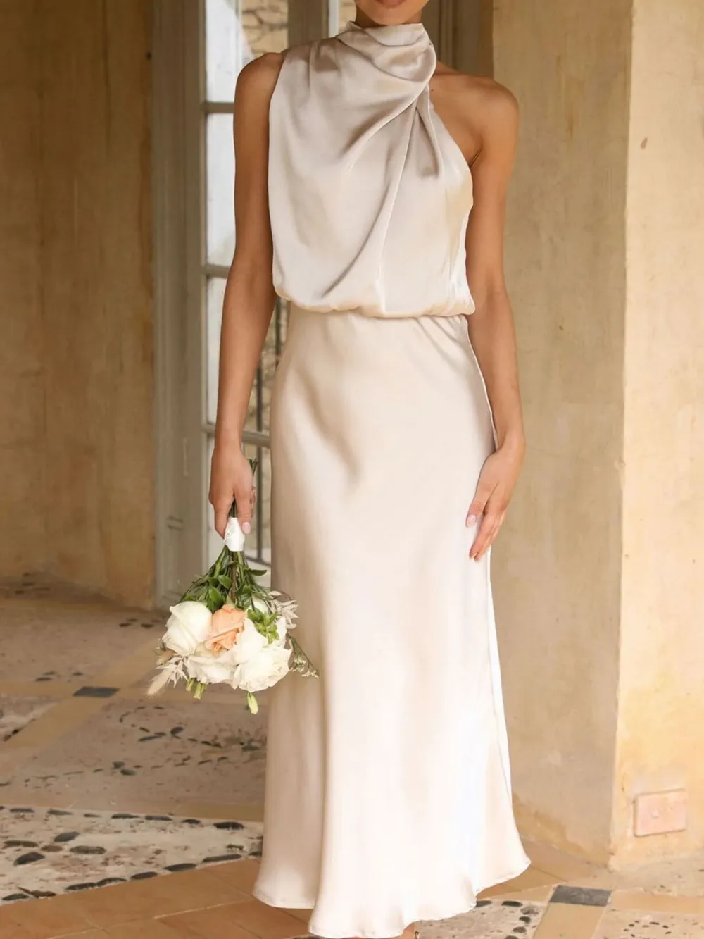 Asymmetrical Ruched Sleeveless Midi Dress, image 2