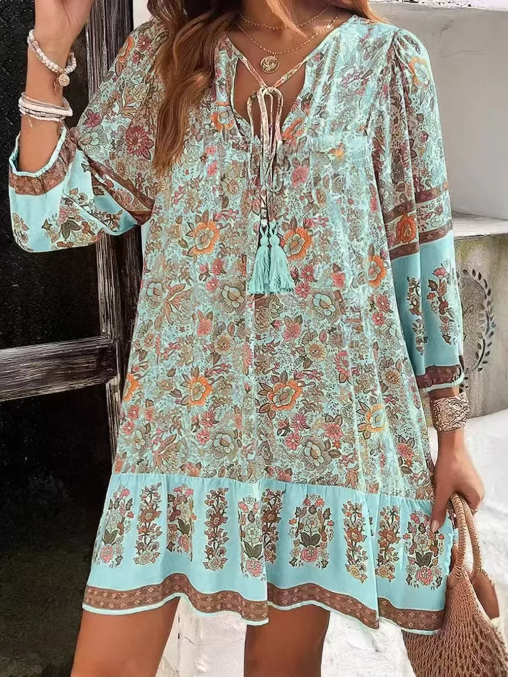 Floral Print Tassel Tie Neck Mini Dress, image 7