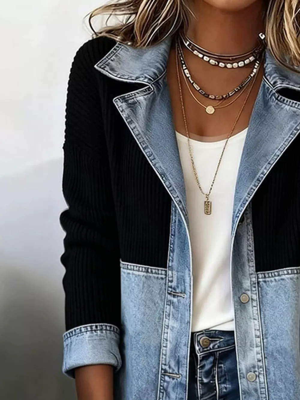 Color-Block Denim and Knit Patchwork Casual Jacket, image 4