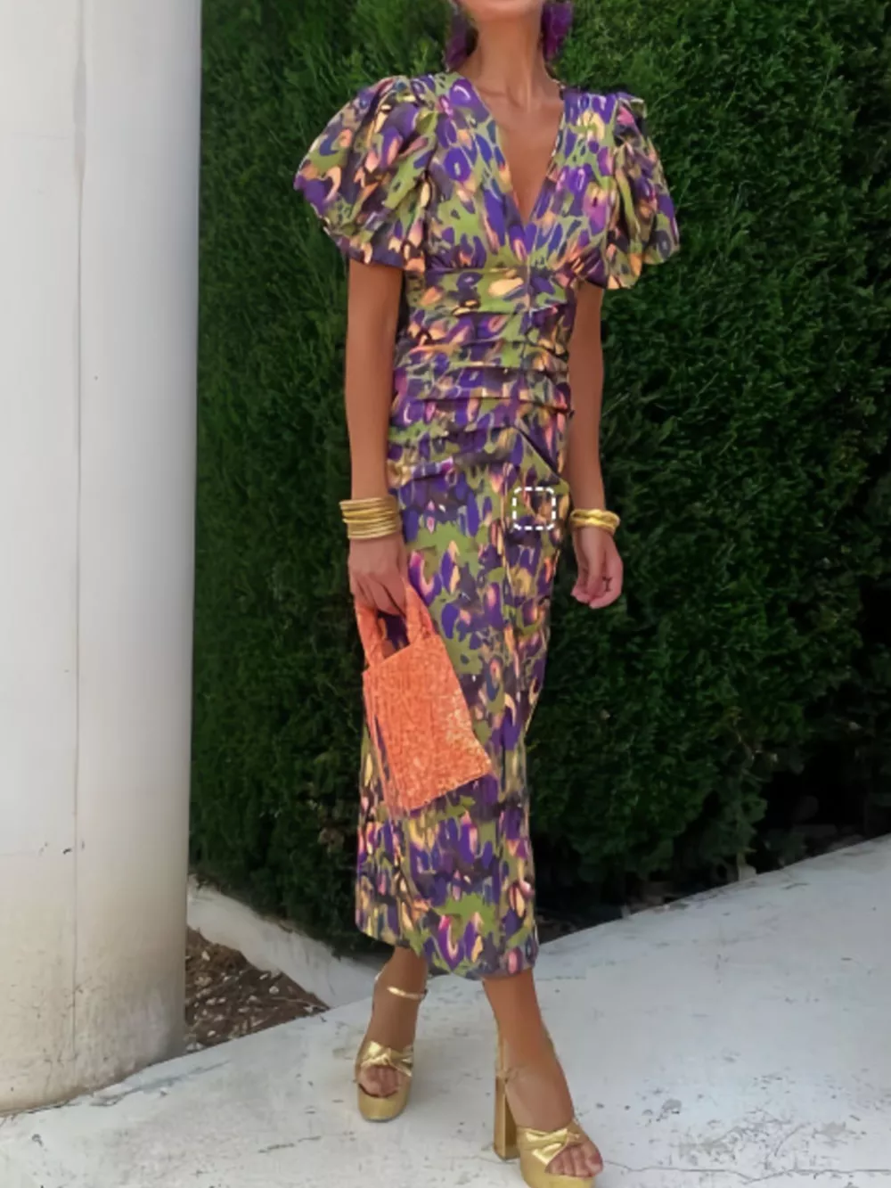 Full Size V-Neck Puff Sleeve Midi Dress Plus Size, image 4