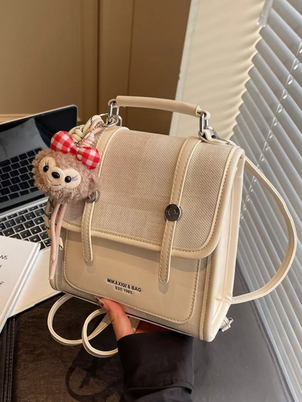 Flap Backpack Bag with Plush Charm, image 7