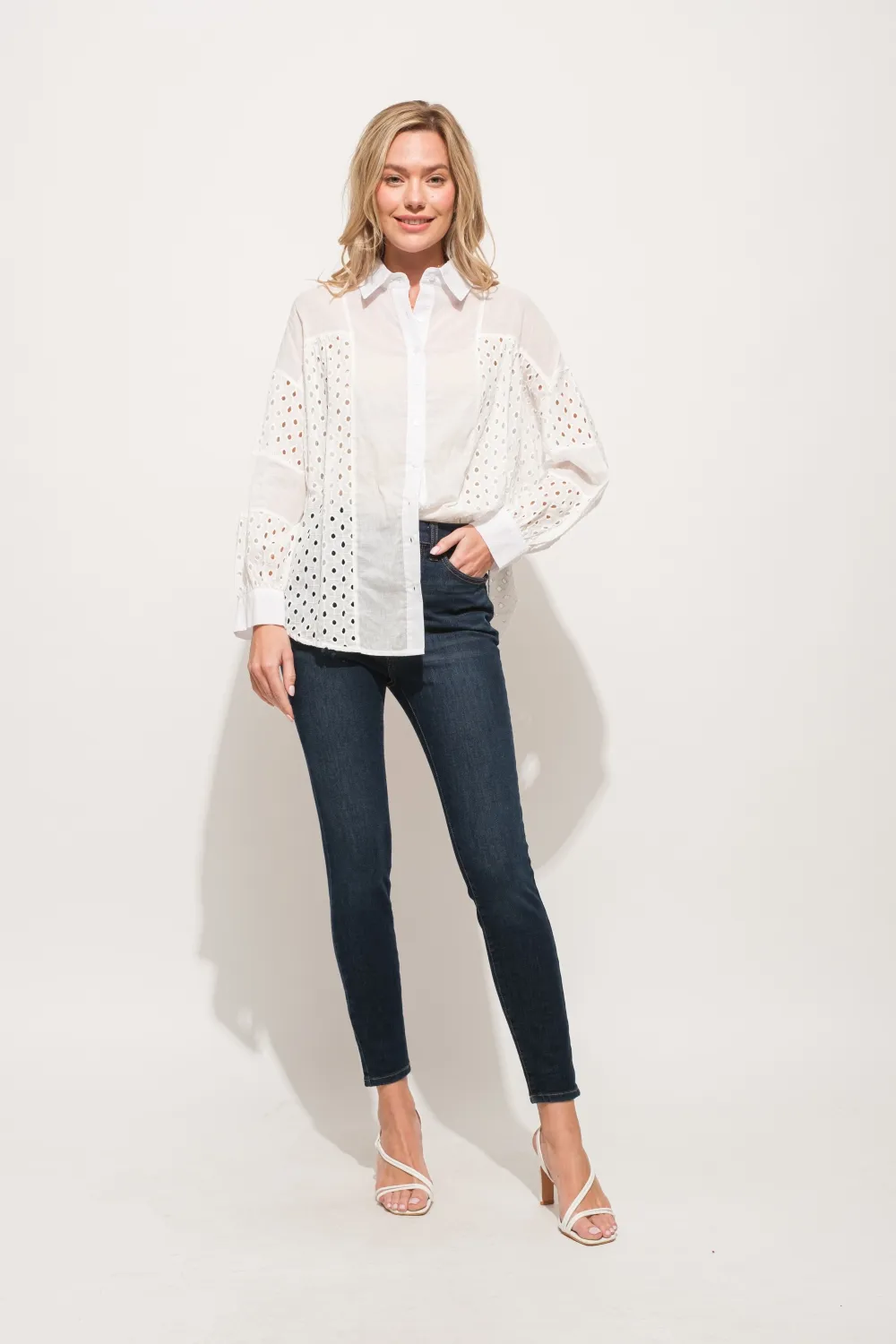 Eyelet Long Sleeve Button Down Shirt, image 5