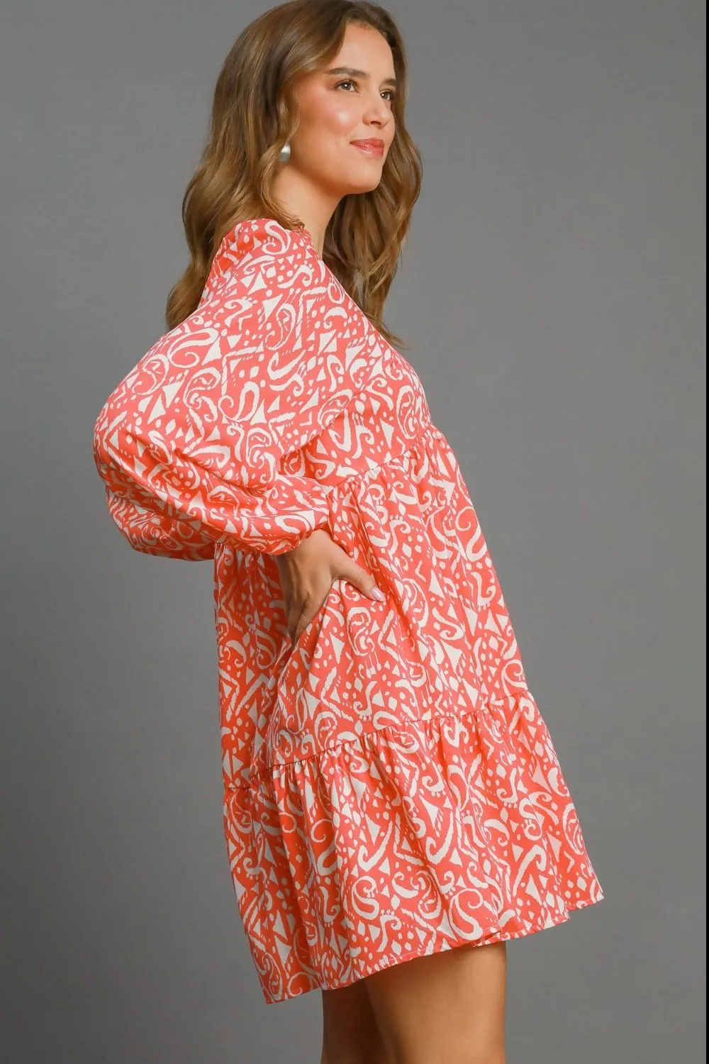 Full Size Two Tone Print Balloon Sleeve Tiered Dress Plus Size, image 2