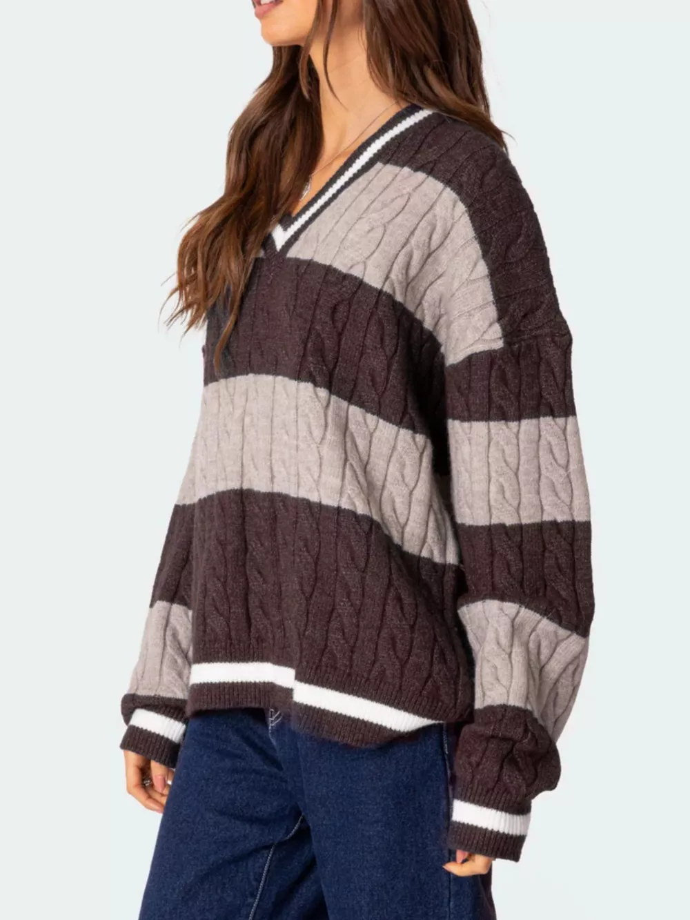 Striped Cable Knit V-Neck Sweater, image 3