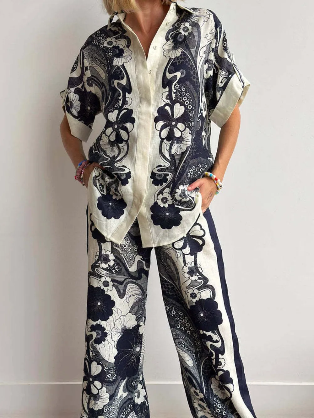 Printed Button Up Shirt and Pants Set, image 2