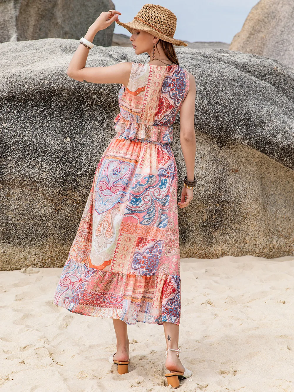 Printed V-Neck Top and Midi Skirt Set, image 3
