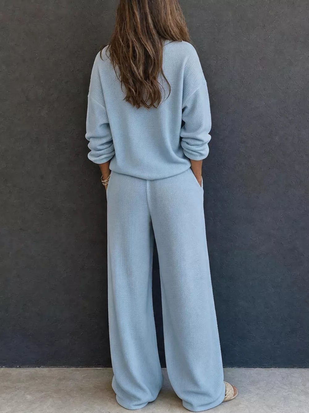 Waffle Knit Henley Top and Wide Leg Pants Set, image 9