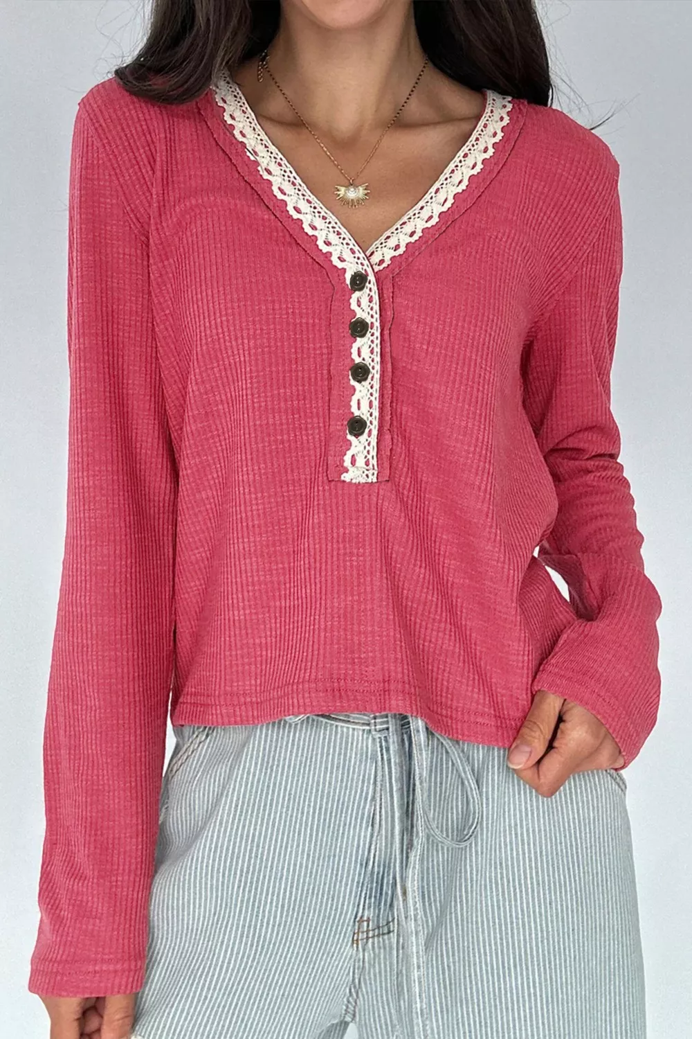 Lace Trim Ribbed Knit Henley Blouse