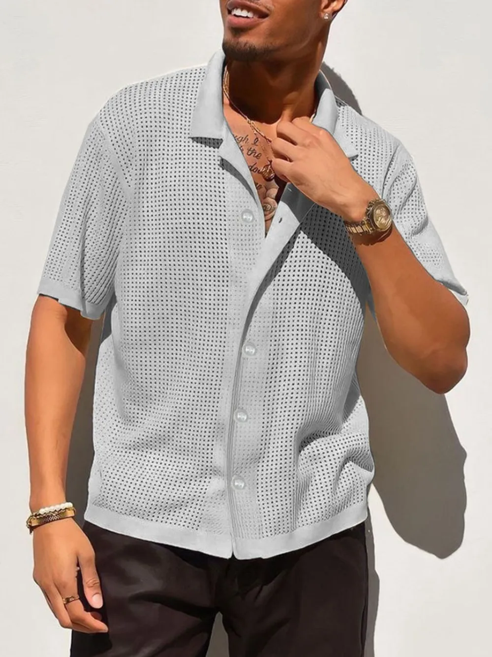 Men's Full Size Openwork Button Down Collared Neck Shirt Plus Size, image 5