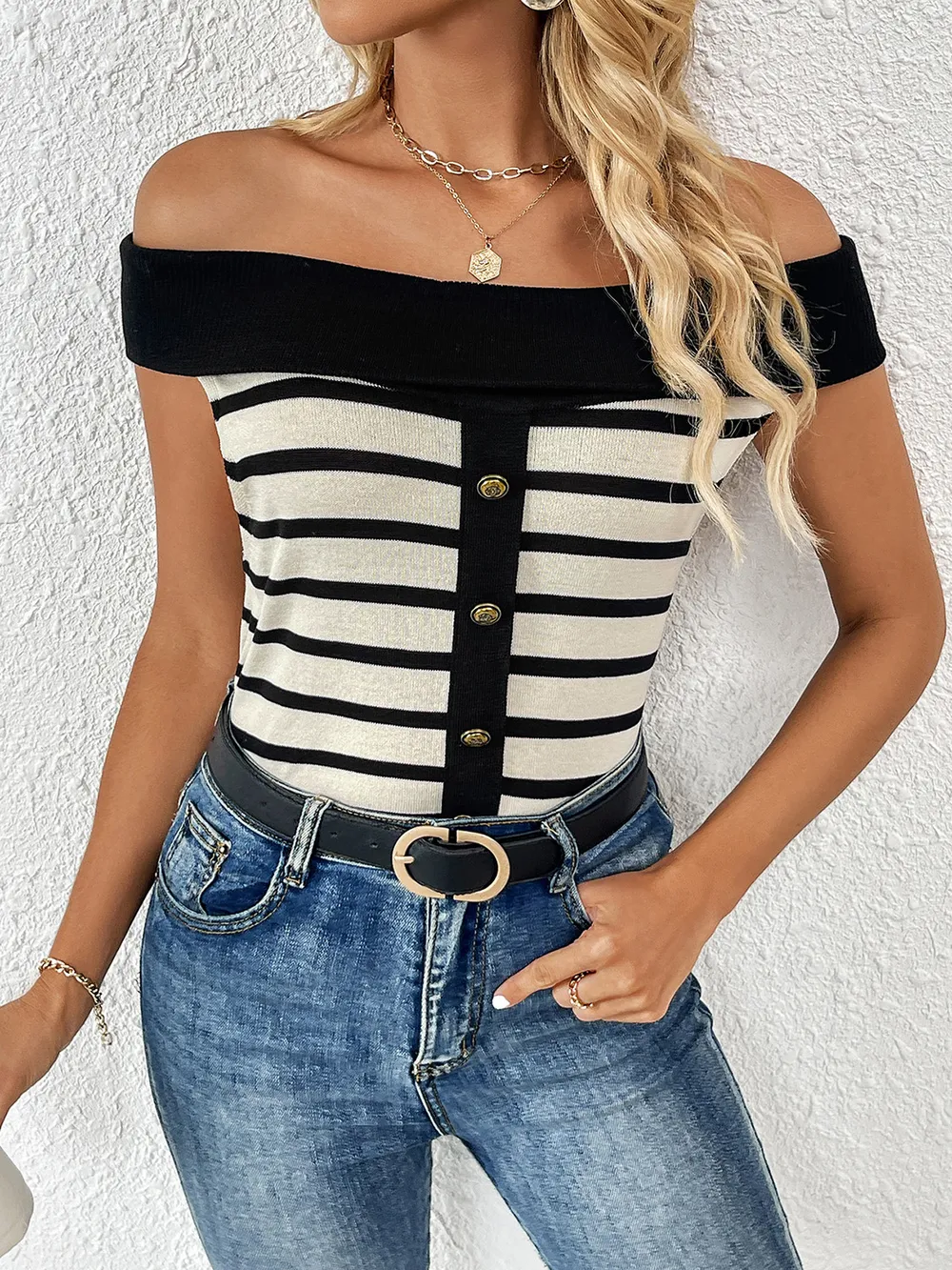 Decorative Button Striped Off-Shoulder Knit Top, image 14