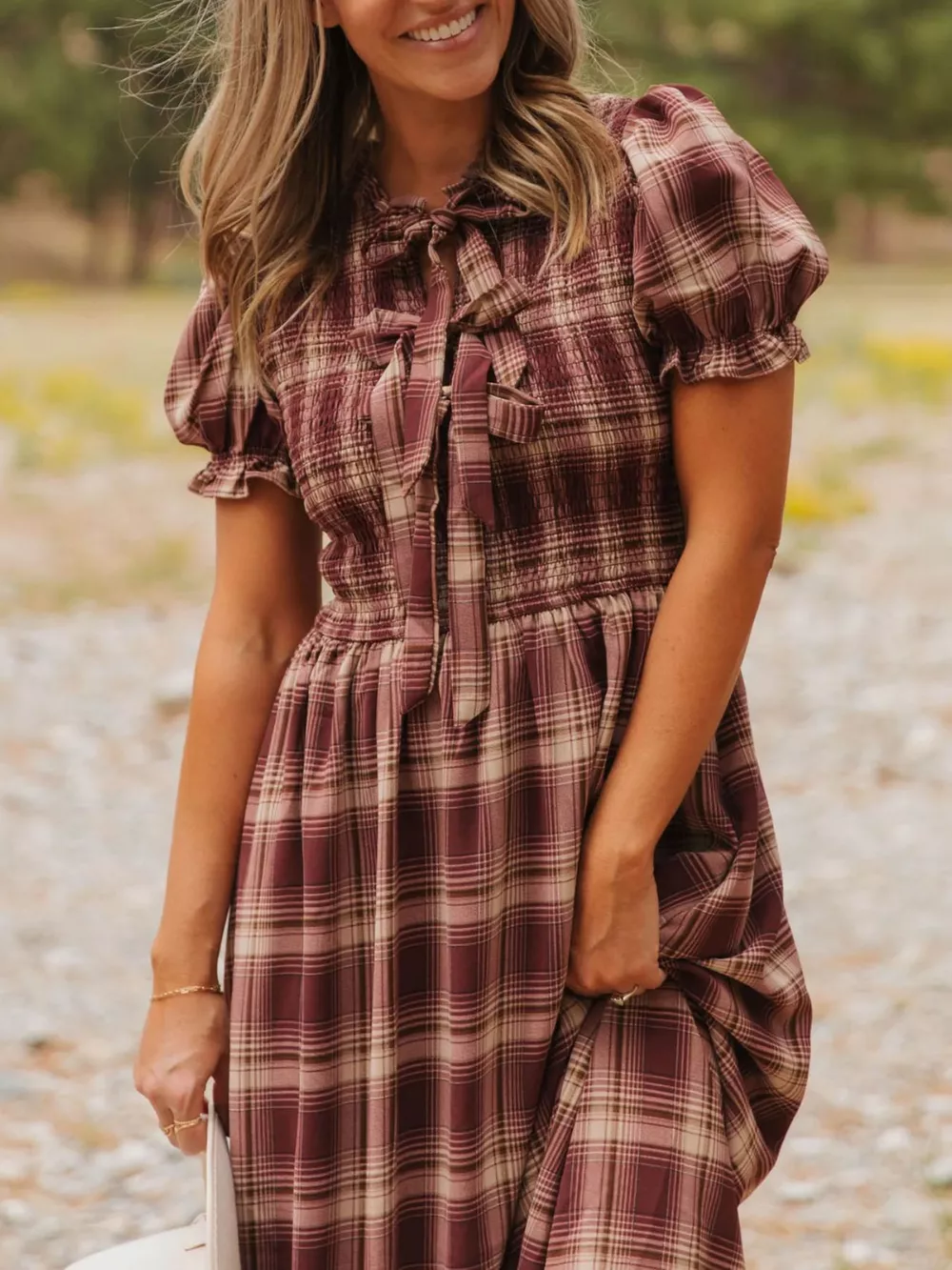 Plaid Knot Front Smocked High Waist Midi Dress, image 5