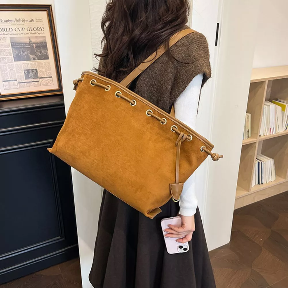 Drawstring Suede Shoulder Bag, image 3