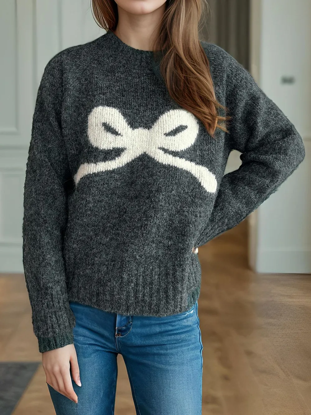 Bow Round Neck Long Sleeve Sweater, image 9