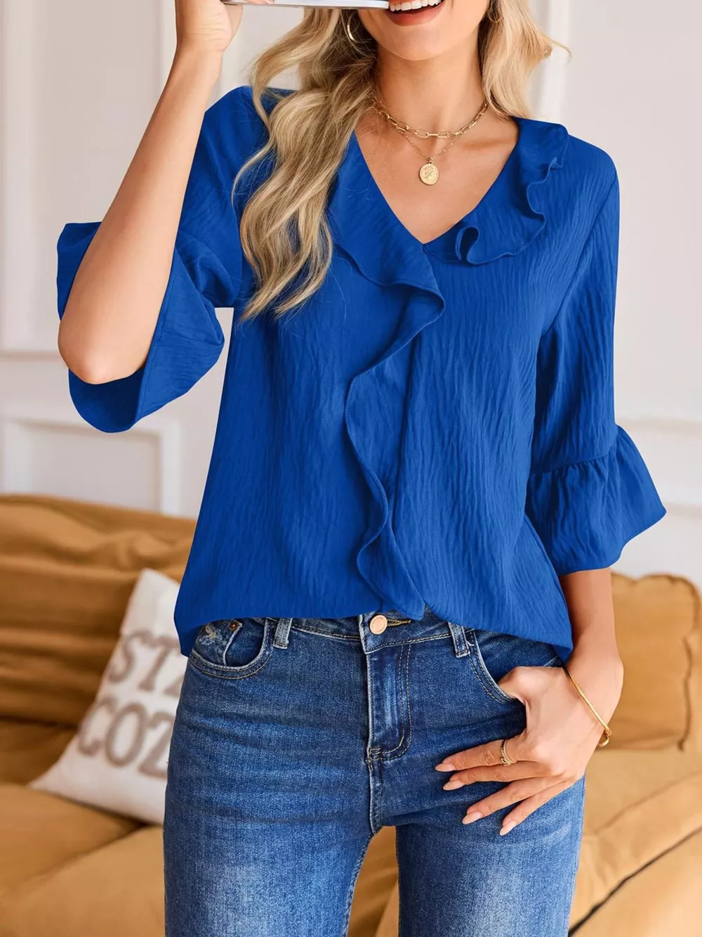 Ruffle Trim V-Neck Blouse, image 7