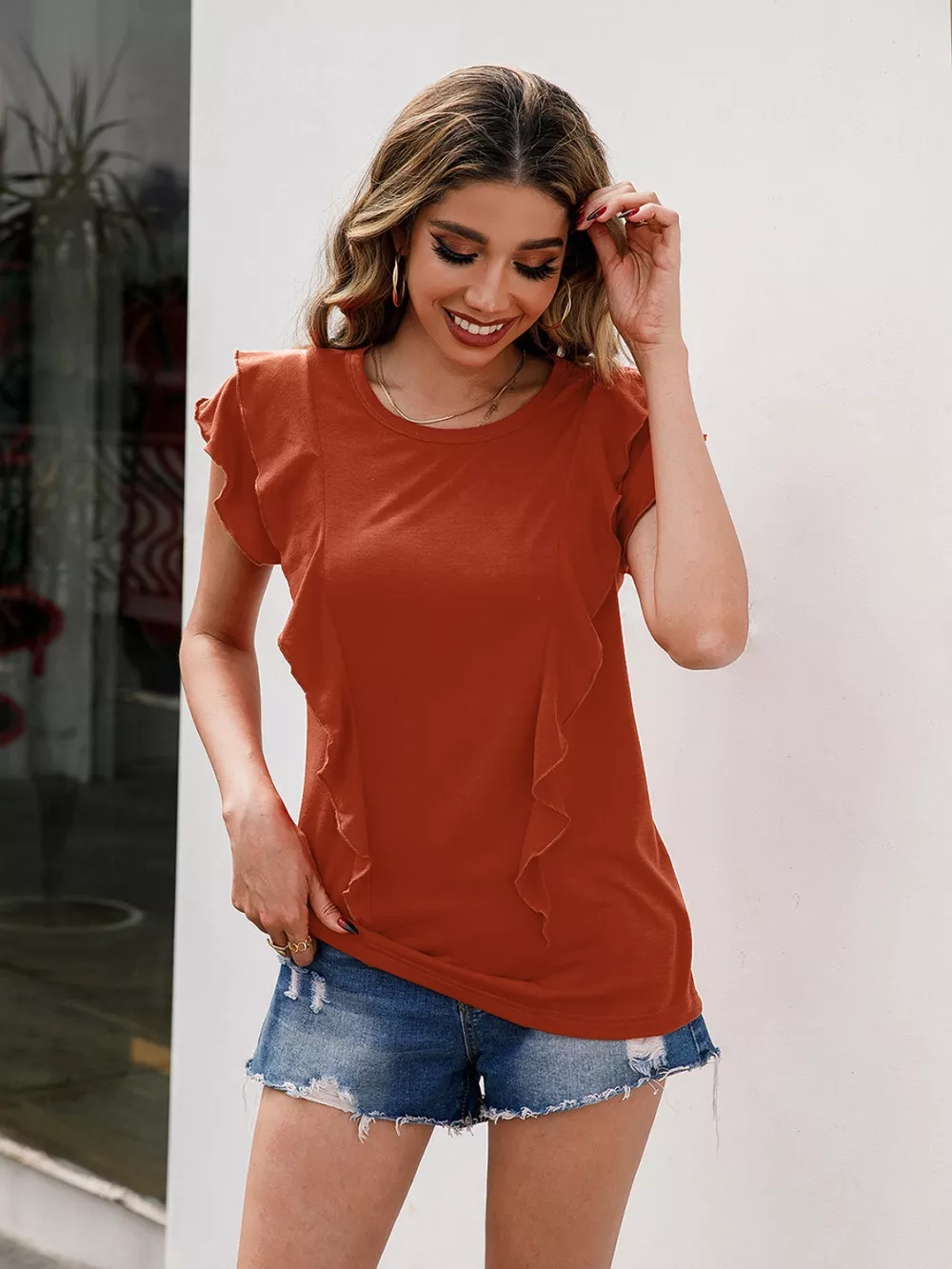 Ruffled Round Neck Cap Sleeve T-Shirt, image 14