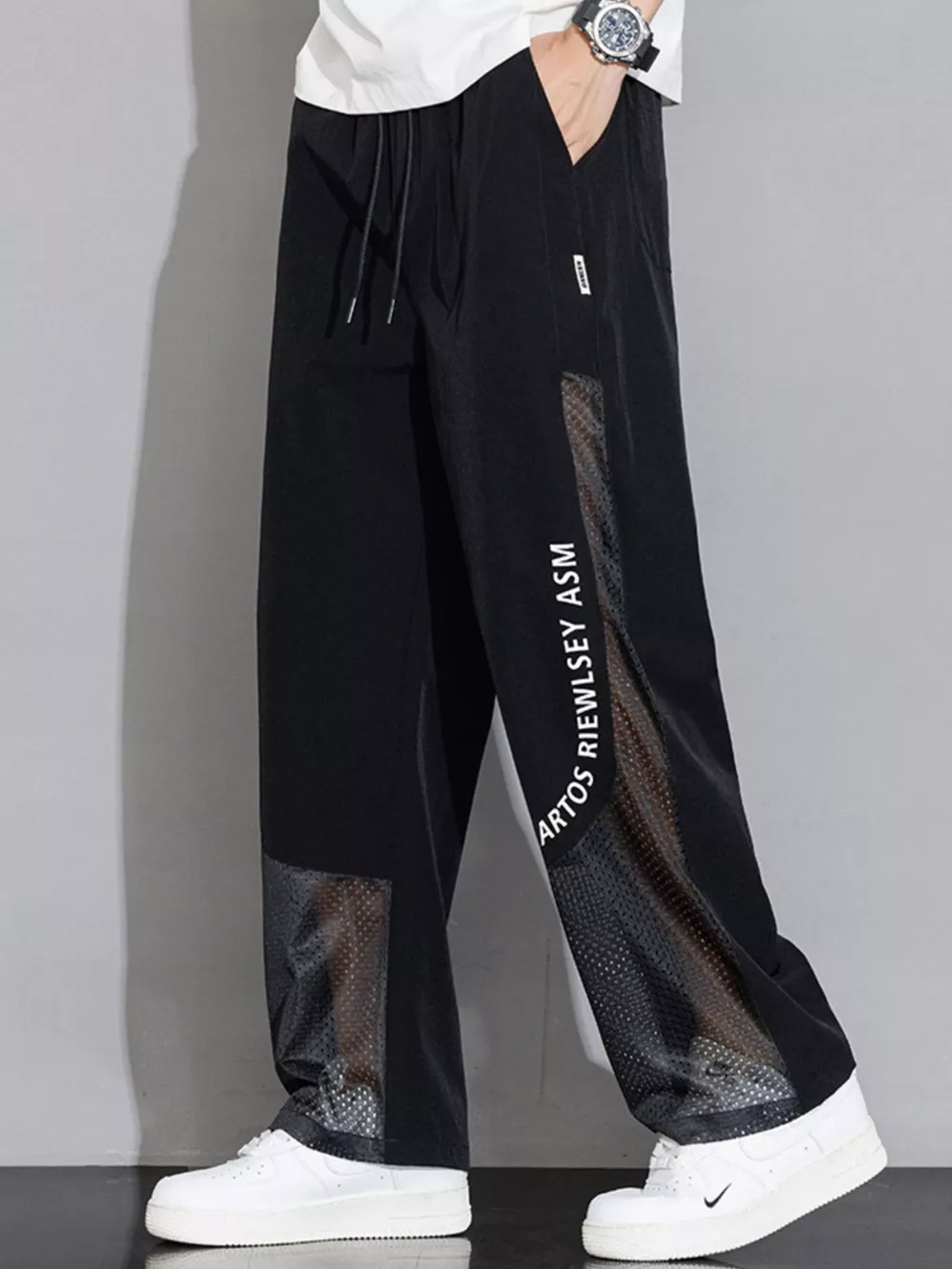 Men's Plus Size Drawstring Wide Leg Mesh Panel Pants, image 4