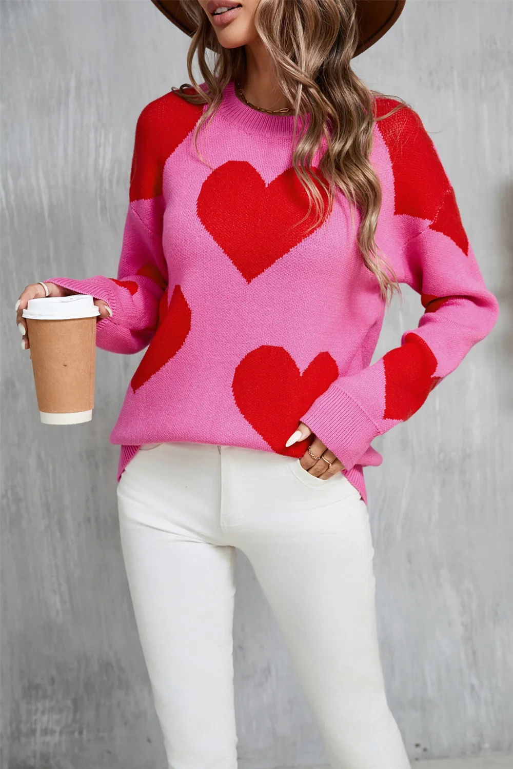 Contrast Heart Dropped Shoulder Long Sleeve Sweater, image 7