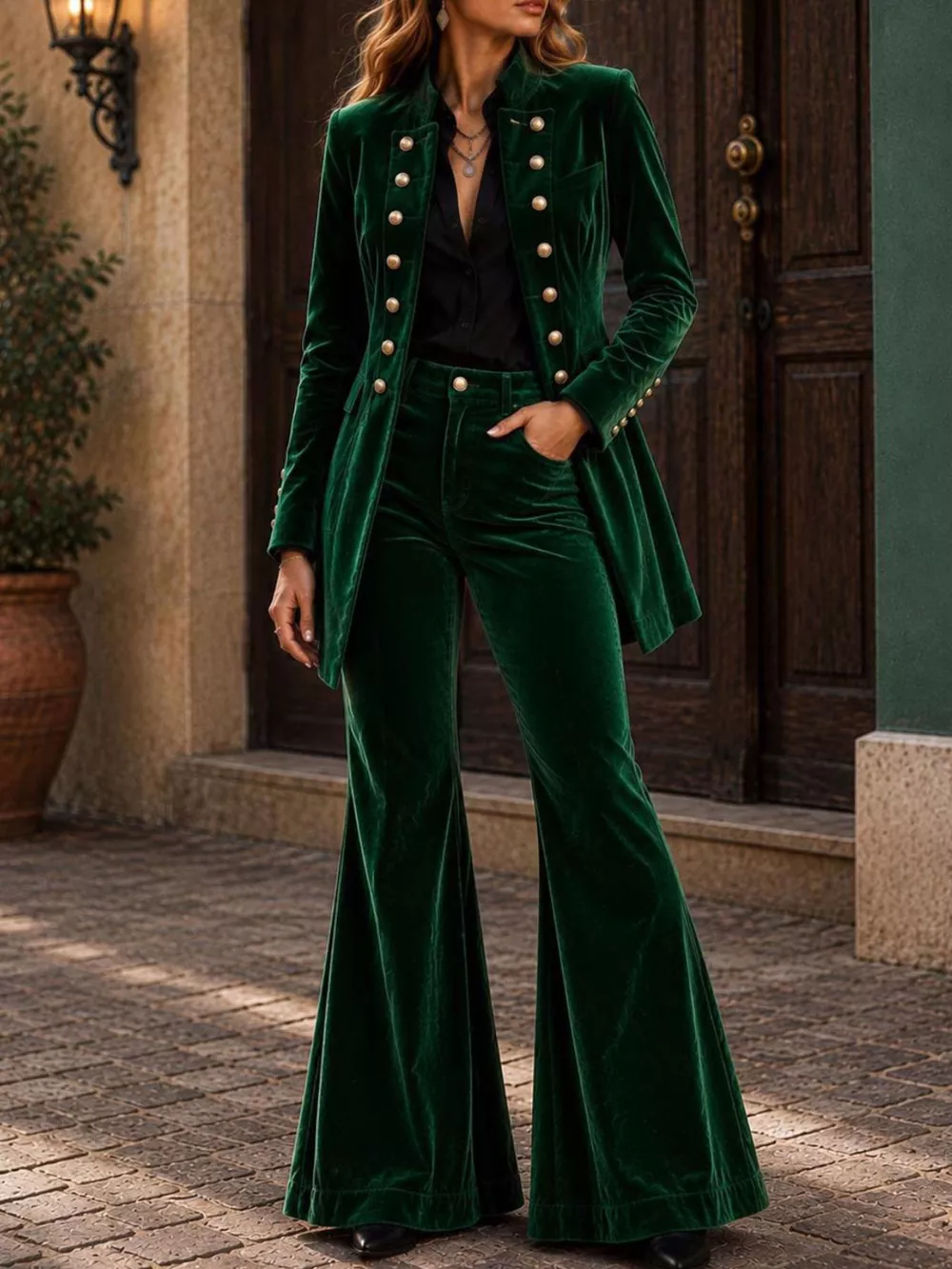 Velvet Double-Breasted Blazer and Flare Pants Set