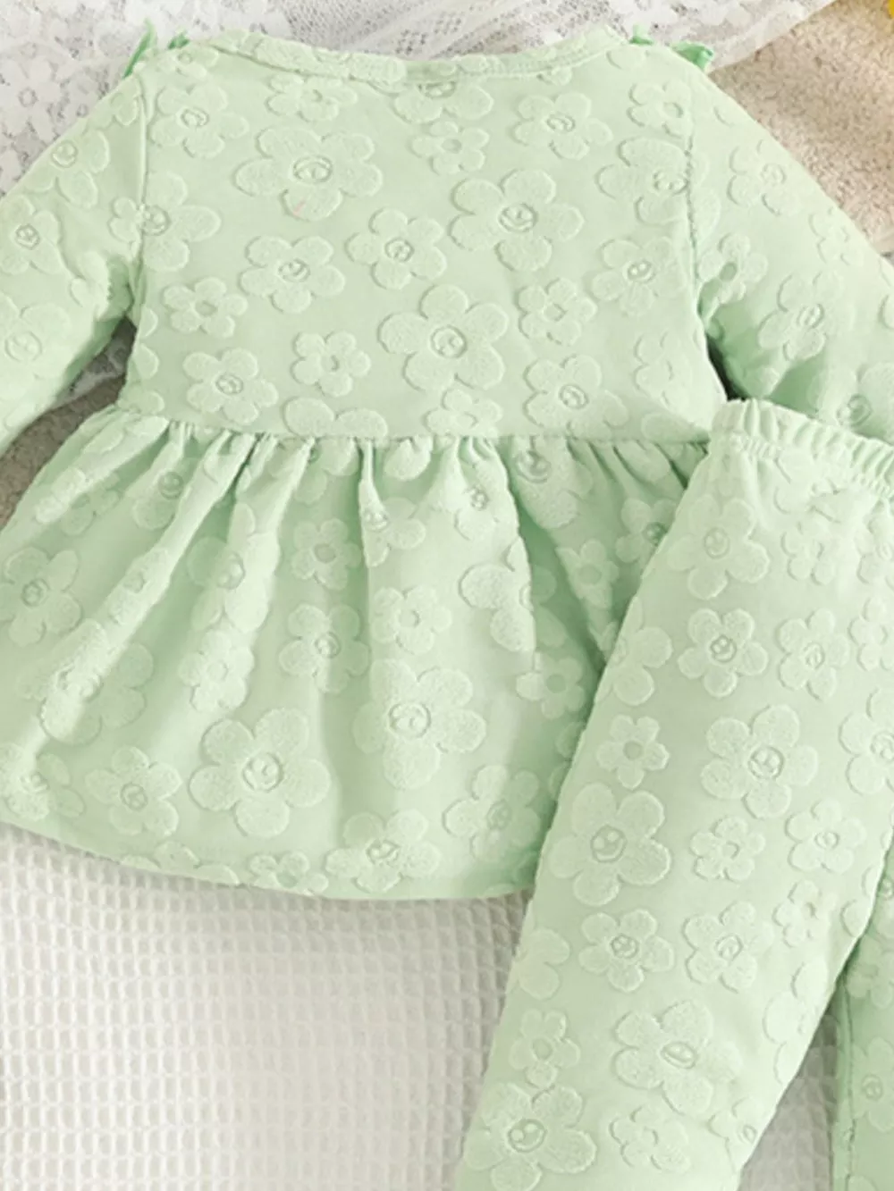 Children's Floral Embossed Ruffle Trim Top and Pants Set, image 2