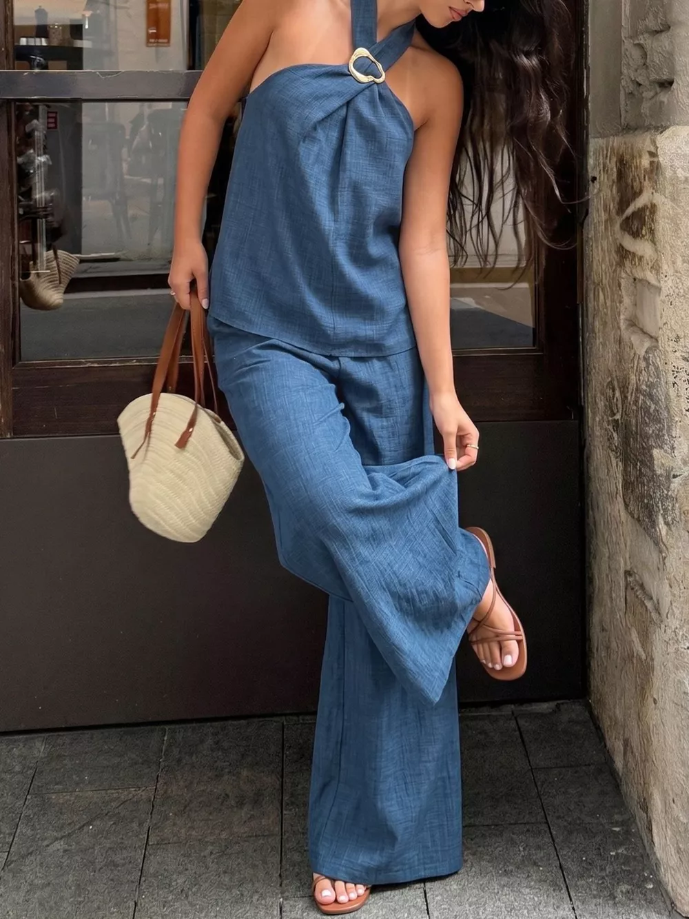 Halter Neck Top and Wide-Leg Pants Set, image 4